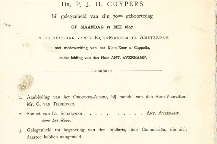 Programma-aankondiging t.g.v. 70e verjaardag P.J.H. Cuypers.