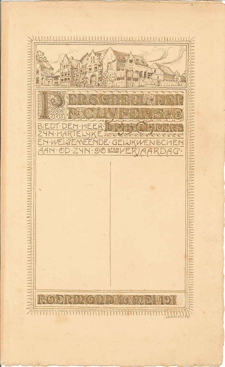 Omslag van het felicitatieregister van het personeel der Firma Cuypers & Co t.g.v. 90e verjaardag Dr. P.J.H. Cuypers