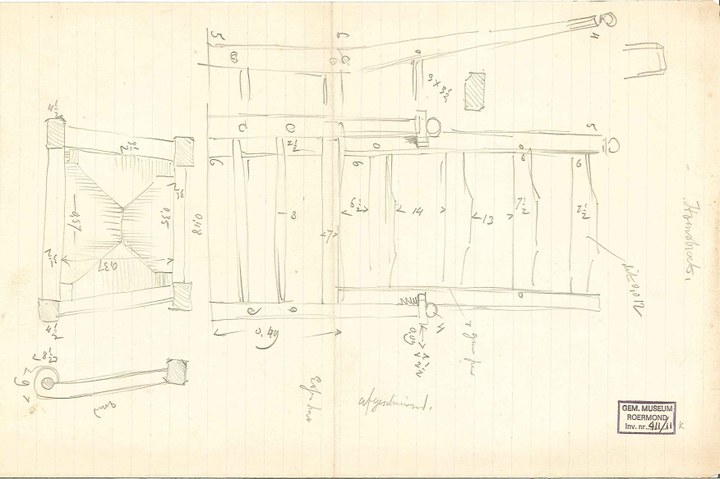 Ontwerptekening van stoel met rieten zitting.
