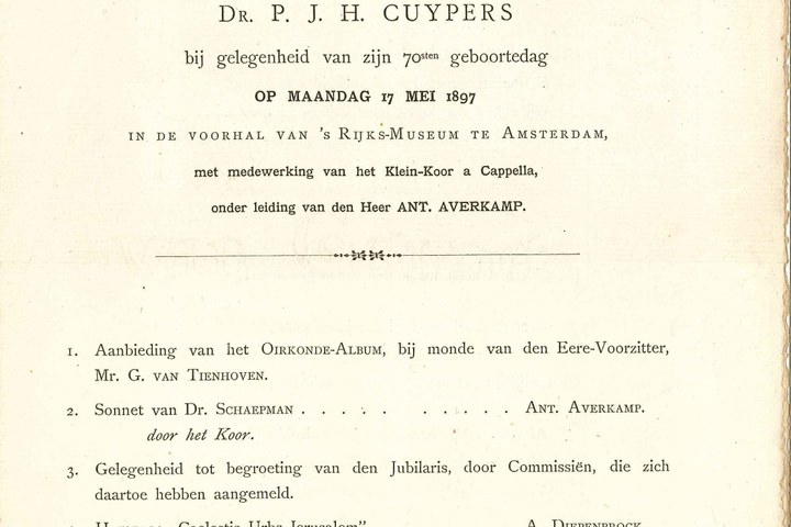 Programma t.g.v. aanbieding oorkonde t.g.v. 70e verjaardag P.J.H. Cuypers