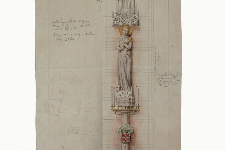 Ingekleurde ontwerptekening heiligenbeeld met baldakijn