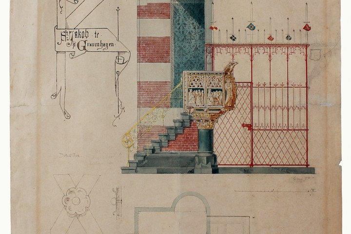 Ingekleurde ontwerptekening voor een preekstoel in de St. Jacobskerk te 's-Gravenhage (1875-1878)