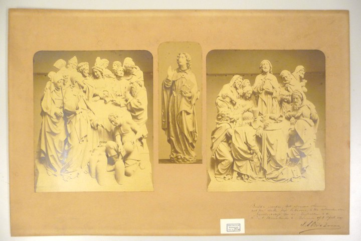 Fotocollage fragmenten hoogaltaar Maria Kirche te Hannover uit de ateliers voor Kerkelijke Kunst J.A. Oor te Roermond