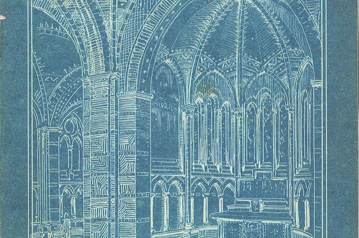 Blauwdruk van de ontwerptekening van een interieur van de St. Bavo te Haarlem.