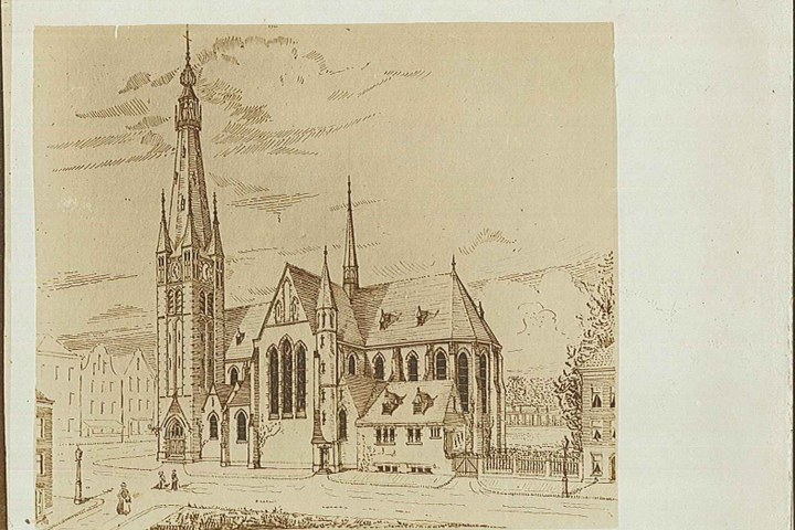 Reproductie van tekening kerk te Hamont. J. Cuypers en J. Stuyt architecten.