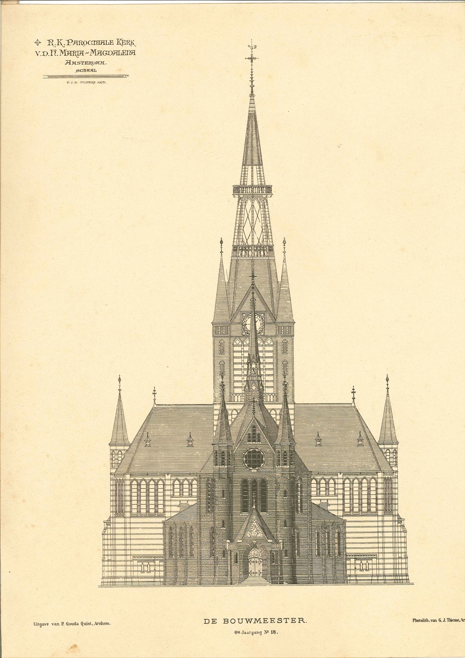 Een overdruk van een ontwerptekening van Dr. P.J.H. Cuypers van de Parochiekerk van de H. Maria Magdalena te Amsterdam.