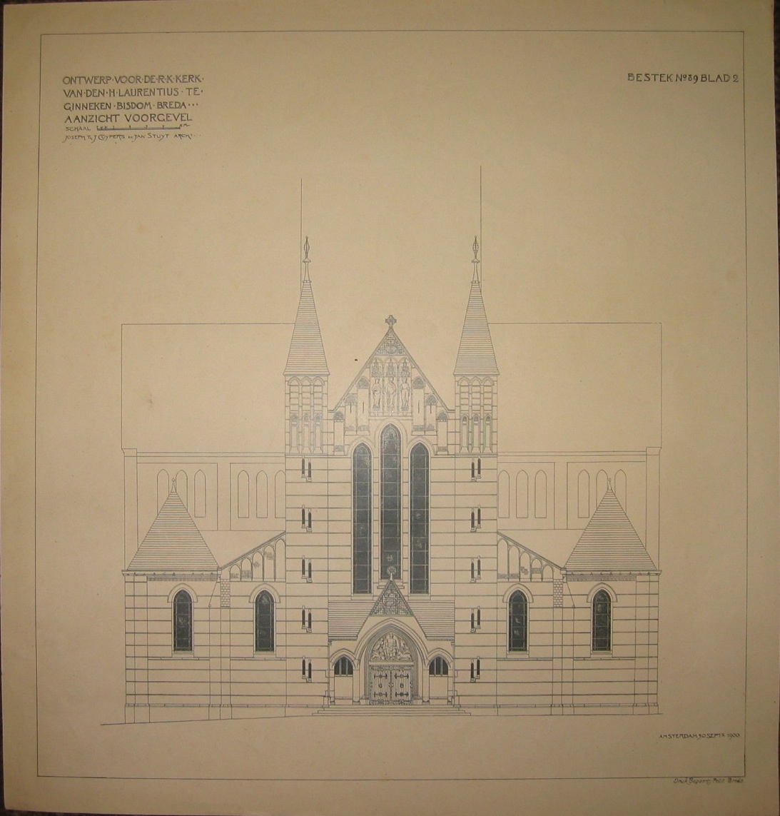 Enkele overdrukken van bestektekeningen van Joseph Th. J. Cuypers en Jan Stuyt van de R.K. Kerk van de H. Laurentius te Ginneken, Bisdom Breda.