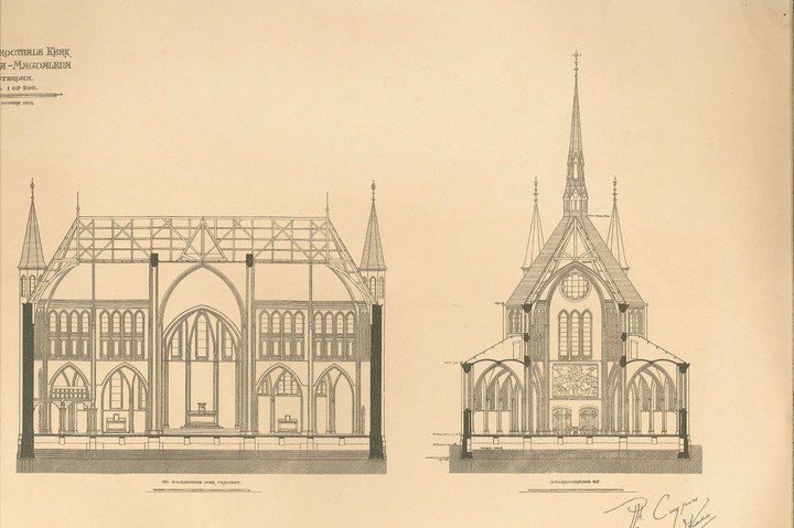 Een overdruk van een ontwerptekening van de doorsnede van het transept en van een dwarsdoorsnede van de Maria Magdalenakerk te Amsterdam door P.J.H. Cuypers