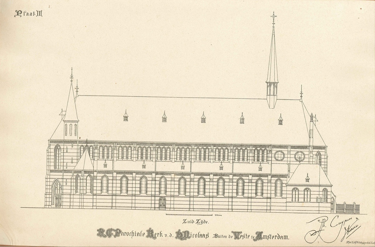 Een overdruk van een ontwerptekening van de zuidzijde van de kerk H. Nicolaas buiten de Veste te Amsterdam door P.J.H. Cuypers