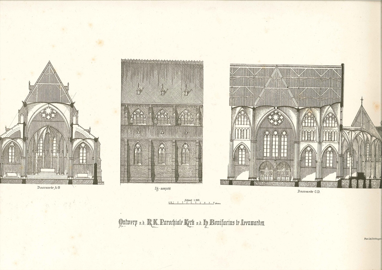 Een overdruk van een ontwerptekening van de kerk van de H. Bonifatius te Leeuwarden door P.J.H. Cuypers