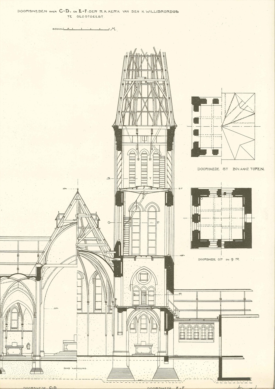 Een overdruk van het ontwerp van de R.K. Kerk van St. Willibrordus te Oegstgeest door Joseph Cuypers en Jan Stuyt.