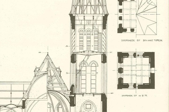 Een overdruk van het ontwerp van de R.K. Kerk van St. Willibrordus te Oegstgeest door Joseph Cuypers en Jan Stuyt.