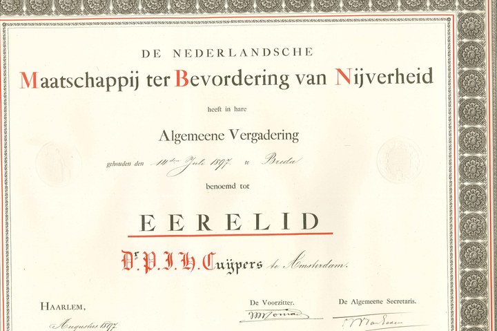 Oorkonde ter gelegenheid van de uitreiking van het erelidmaatschap van de Nederlandsche Maatschappij ter Bevordering van Nijverheid aan dr. P.J.H. Cuypers.