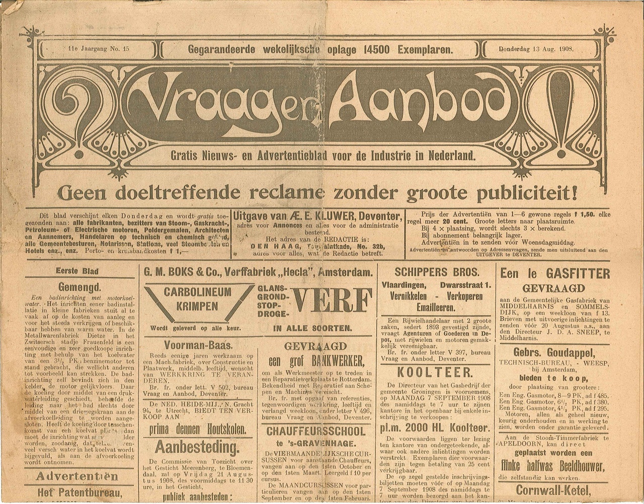 Advertentieblad Vraag en Aanbod van 13 augustus 1908