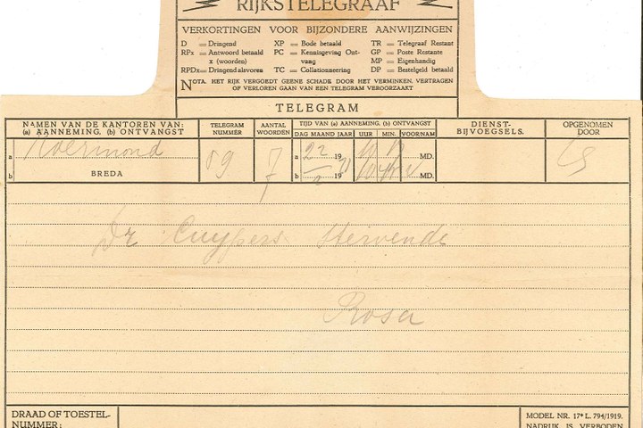 Telegram van Rosa Cuypers aan haar zus Annie over de gezondheidstoestand  van Dr. P. Cuypers, gedateerd 22  februari 1921 .