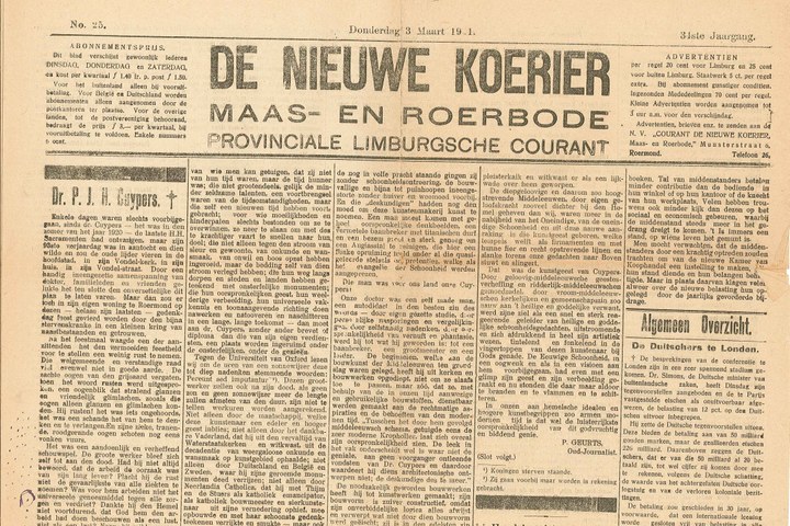 Dagblad De Nieuwe Koerier/Maas- en Roerbode van donderdag 3 maart 1921 met daarin het bericht van het overlijden van Dr. P.J.H. Cuypers en een beschouwing over diens leven en werk.