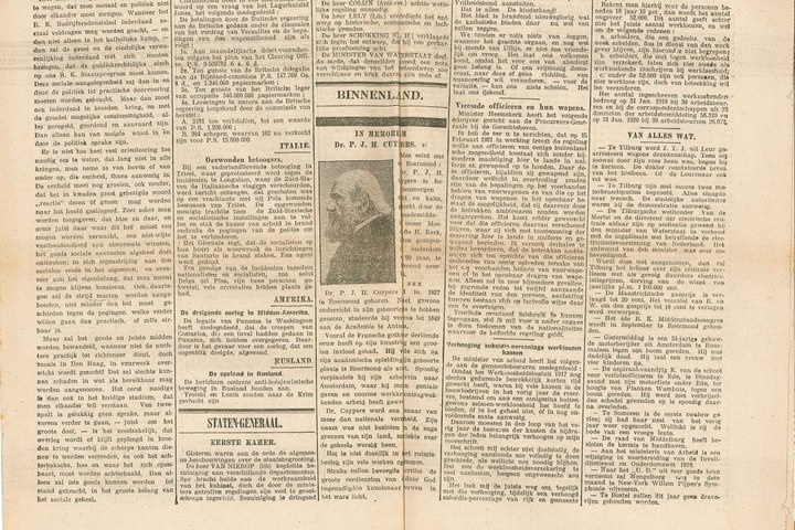 Dagblad van NOORDBRABANT van donderdag 3 maart 1921 met daarin het bericht van het overlijden van Dr. P.J.H. Cuypers.