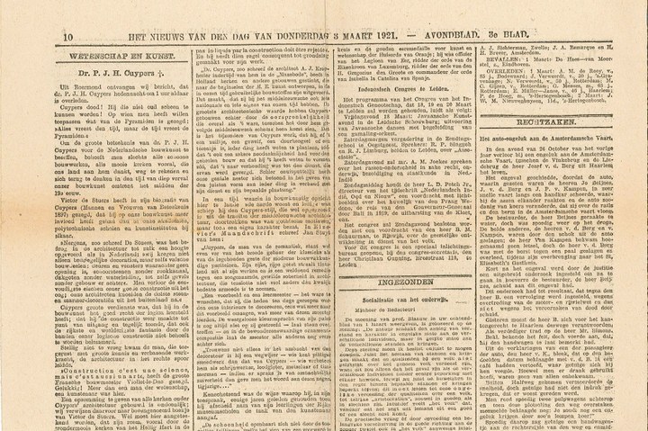 Dagblad Het NIEUWS van de DAG van donderdag 3 maart 1921 met daarin het bericht van het overlijden van Dr. P.J.H. Cuypers en een beschouwing over diens leven en werk.