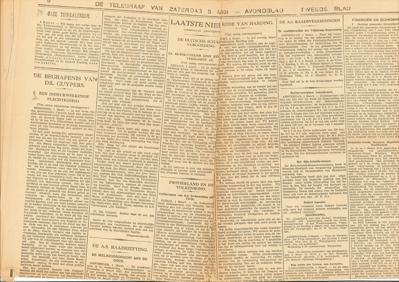 Dagblad De TELEGRAAF van zaterdag 5 maart 1921 met daarin een verslag van de begrafenis van Dr. Cuypers.