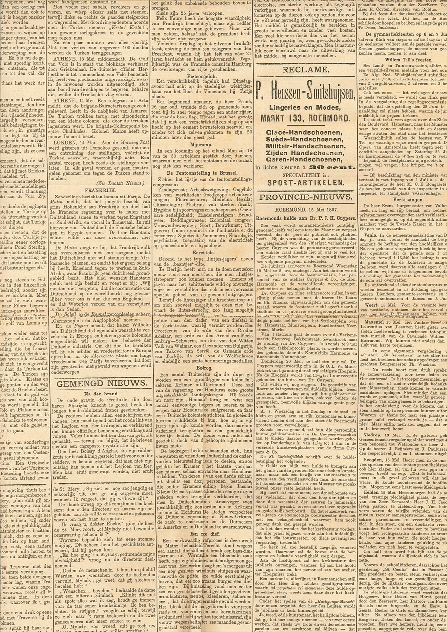 Dagblad DeNieuwe Koerier, Proviciale Limburgsche Courant, van zaterdag 15 mei 1897, met daarin een feestarikel ter gelegenheid van de 70-ste verjaardag van Dr. P. Cuypers op zondag 16 mei 1897.