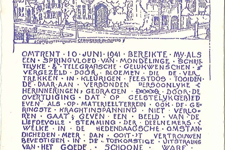 Briefkaart met bedankje voor de attentie t.g.v. de 80ste verjaardag van ir. J. Cuypers in 1941.