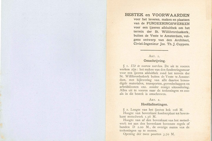 Gedeelte van bestek en voorwaarden voor de funderingswerken van een hekwerk bij de Sint Willibrorduskerk buiten de Veste door ir. J.Th.J.  Cuypers.