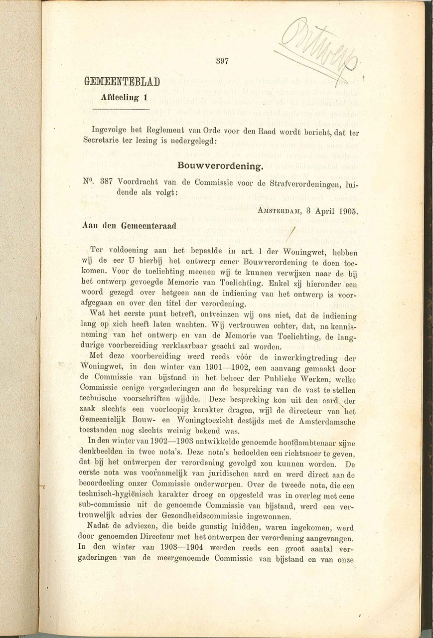 Bouwverordening van de gemeente Amsterdam uit 1905.