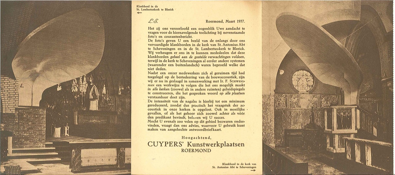 Reclamefolder voor klankborden voor kansels, preekstoelen, e.d., vervaardigd in Cuypers' Kunstwerkplaatsen