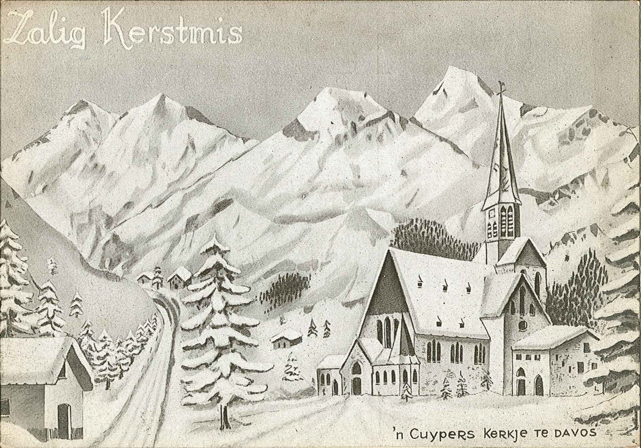 Kerstkaart met tekening van Cuyperskerkje in Davos.