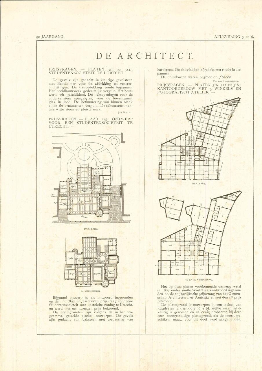 Enkele ontwerptekeningen met tekst uit het blad "De Architect".