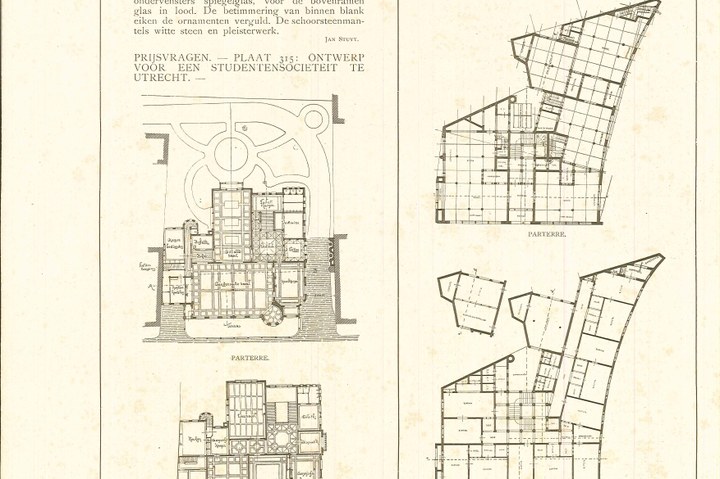 Enkele ontwerptekeningen met tekst uit het blad "De Architect".