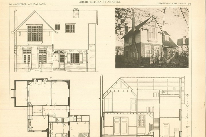 Een plaat uit "De Architect" met daarop een afbeelding en ontwerptekeningen met foto van het woonhuis "Onder de Beuken" te Aerdenhout door architect Jan Stuyt.