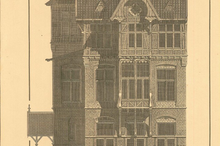 Twee platen uit "De Architect" met daarop ontwerptekeningen voor café Vondel aan de Vondelstraat te Amsterdam door dr. P.J.H. Cuypers