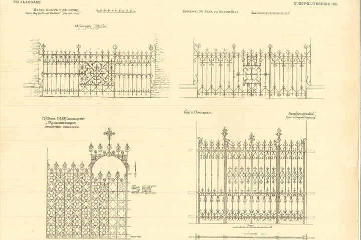 Enkele ontwerptekeningen van hekwerken o.a. behorende bij de Kapel van O.L.V. van Smarten te Sas van Gent en de kerken te Raamsdonkveer en Oosterhout.