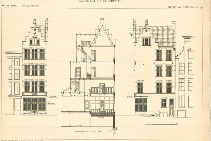 Een ontwerptekening van een winkelhuis op de hoek Oude Hoogstraat/ Oudezijds Achterburgwal te Amsterdam uit 1902.