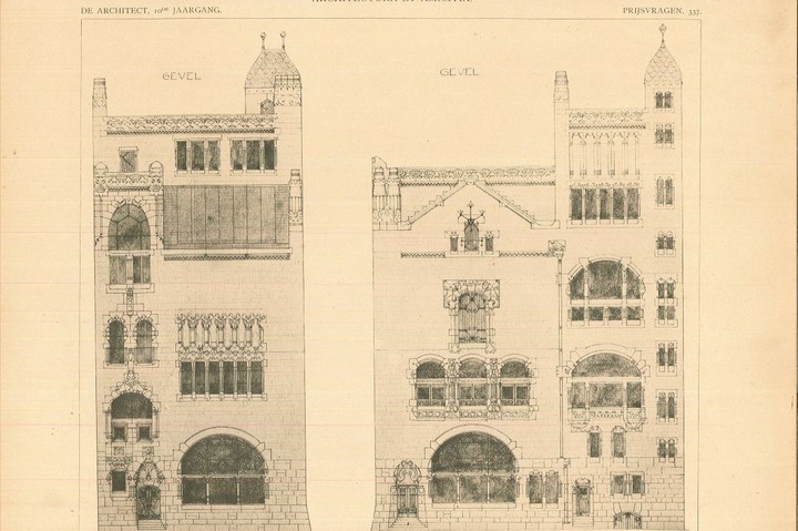 Enkele afbeeldingen en ontwerptekeningen voor het verenigingsgebouw voor architecten door K. de Bazel.