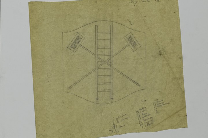 Ontwerp voor een decoratie met een ladder en aanduidborden SPQR en INRI.