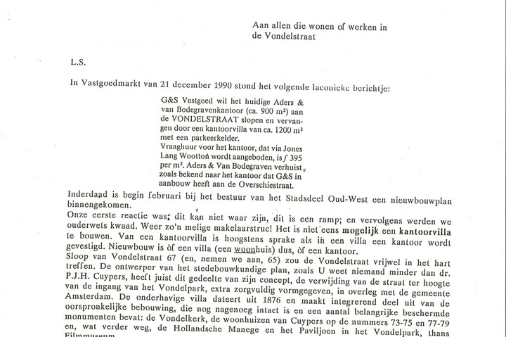 Verontruste brief van de Stichting Vondelkerk over de mogelijke sloop van een kantoor aan de Vondelstraat te Amsterdam.