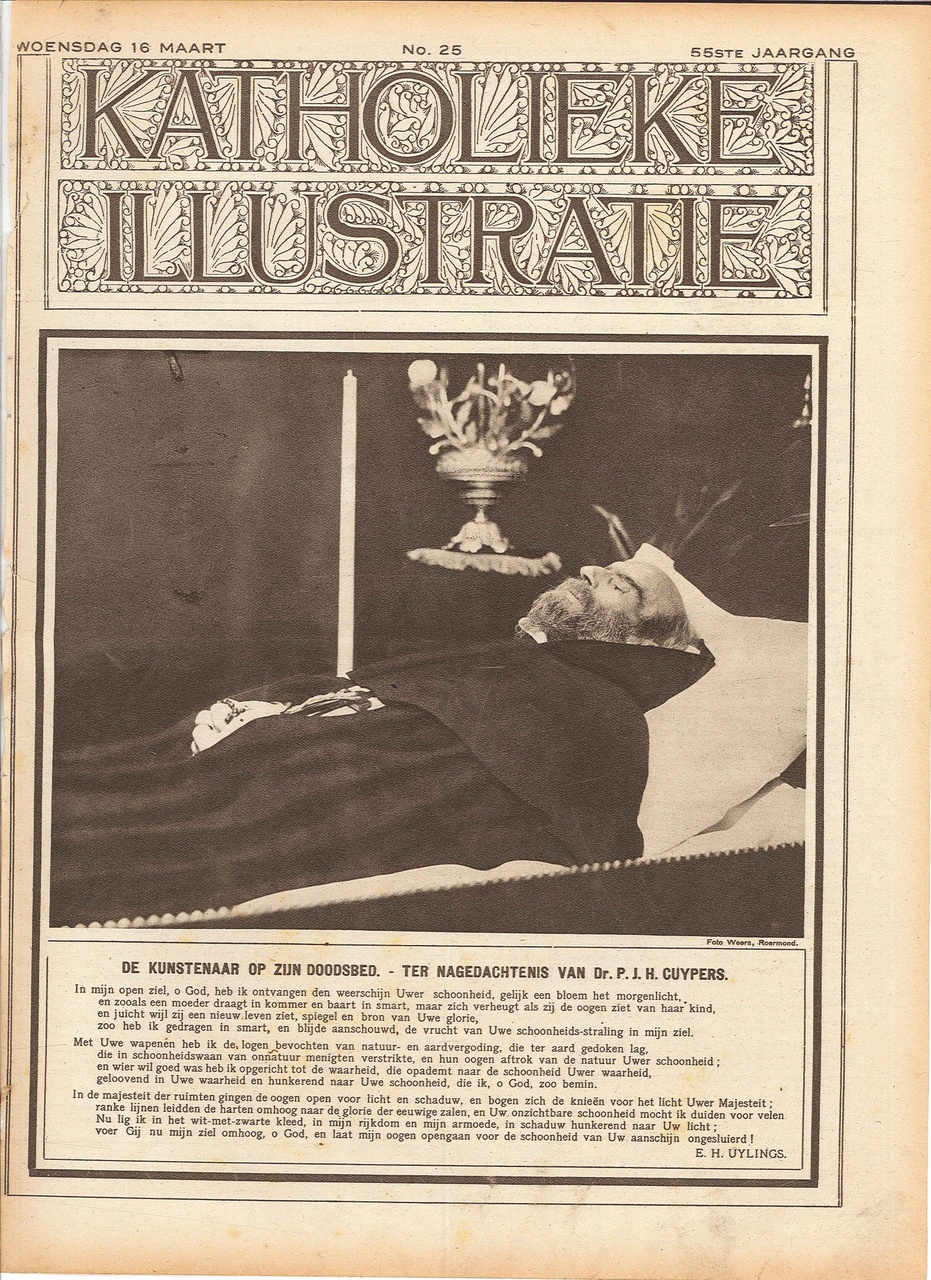 Twee exemplaren van het tijdschrift de "Katholieke Illustratie" van woensdag 16 maart 1921 met daarin diverse beschouwingen over leven en overlijden van dr. P.J.H. Cuypers met vele foto's, o.a. van Cuypers zelf, zijn familie, zijn begrafenis en van enkele door hem ontworpen gebouwen.