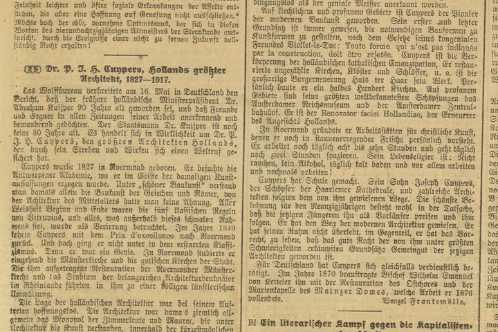 Duitse krant de "Kölnische Volkszeitung, Wochenausgabe" van 31 mei 1917 met daarin op pagina 7 een groot artikel gewijd aan de 90-ste verjaardag van dr. P.J.H. Cuypers.