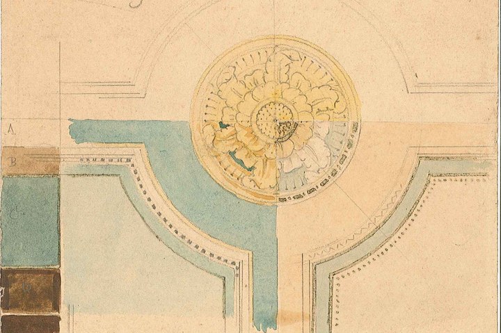 Uitgewerkt ontwerp voor ornamentering met o.a. florale motieven