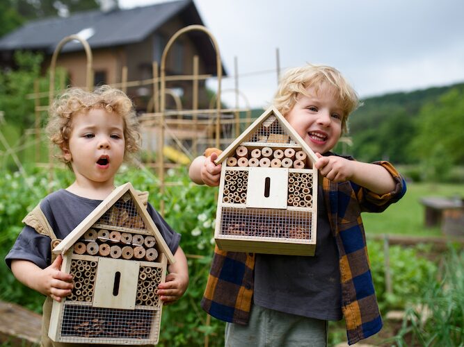 Twee kinderen die buiten staan met een insectenhuis in de handen.